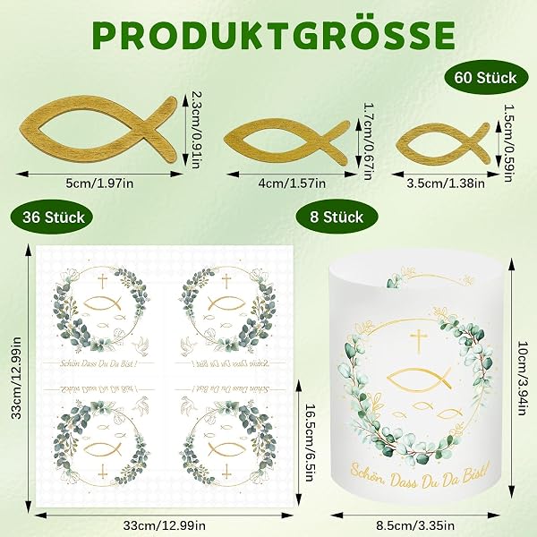 SEPGLITTER Windlicht Set mit 8 Stück, 36 Servietten und 60 Holzfisch-Deko für Kommunion, Taufe und Konfirmation - 2