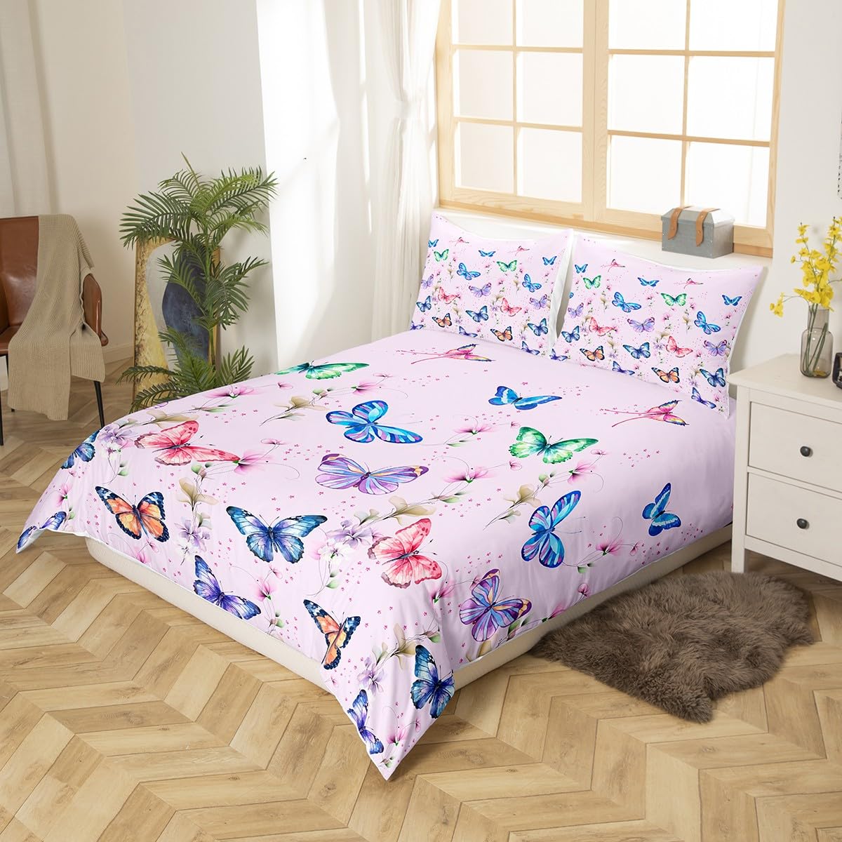 Homemissing Set di biancheria da letto per bambini con farfalle colorate e farfalle volanti, copripiumino per bambini, decorazione con animali, traspirante, collezione di biancheria da letto 2 pezzi,