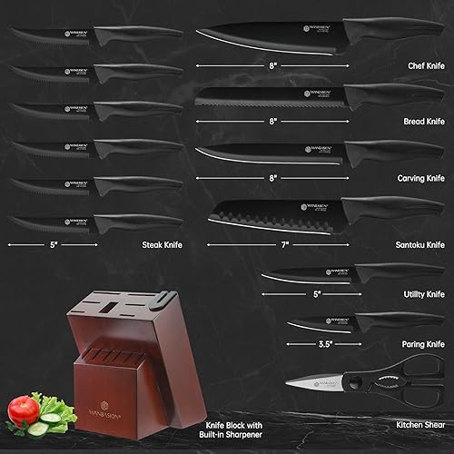 Miniatura 6 de Wanbasion Juego de 15 cuchillos de cocina con afilador, juego de cuchillos de cocina afilados con bloque, juego de cuchillos de acero inoxidable con