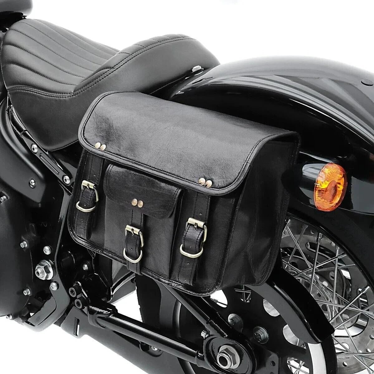 american blue Sac à outils de moto en cuir véritable marron guidon Sissy Bar Sac de voyage Vélo Sacoche de selle Pannier, style roulant Selle noire