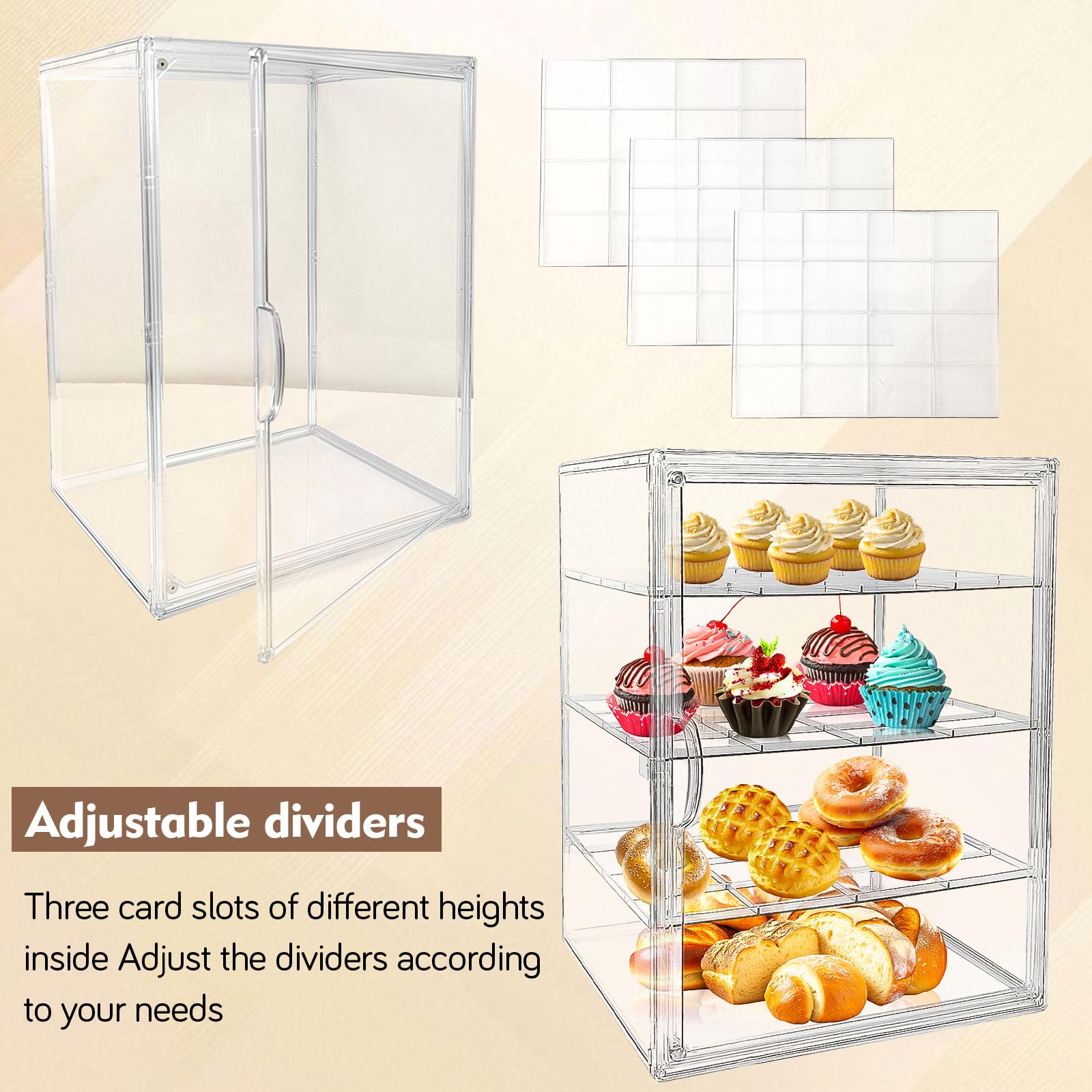 Paneras para Guardar el Pan Transparente, Bread Box de 4 Niveles Ajustables, con Puerta Magnética, Material Pet, con Pinzas de Bambú, para Guardar Donuts, Pan y Pasteles