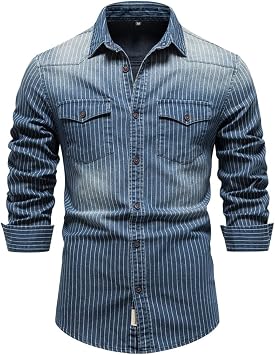 Men Cotton Industry Washed Distressed Striped Long Sleeve Denim Shirts