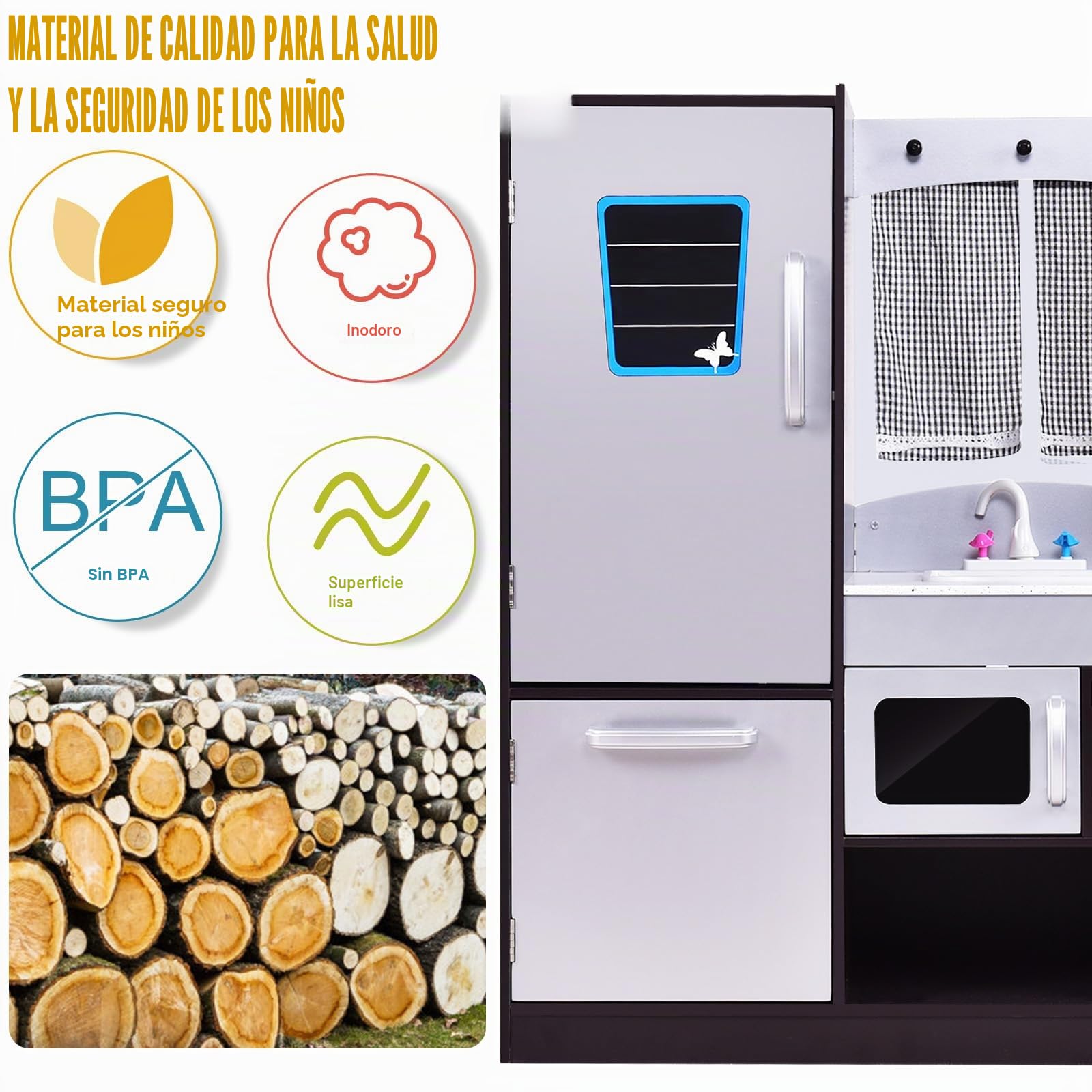 RELAX4LIFE Cocina Juguete de Madera para Niños, Cocinita Infantil con Horno, Microondas, Estufa, Nevera, Accesorios Realistas, 2 Estantes, Cocina Infantil para Niños 3+ Años