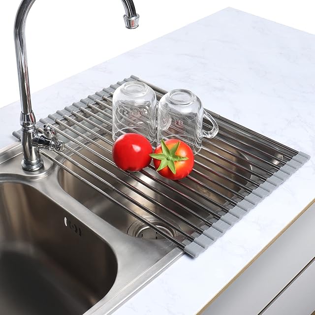 AIRUJIA Dish Drying Rack Roll-Up, Expandable Over Sink Dish Rack, Foldable Multi-Use Dish Drainers, Draining mat with Non-Slip Silicone and Stainless Steel, Heat Resistant, 13inchx20inch Grey