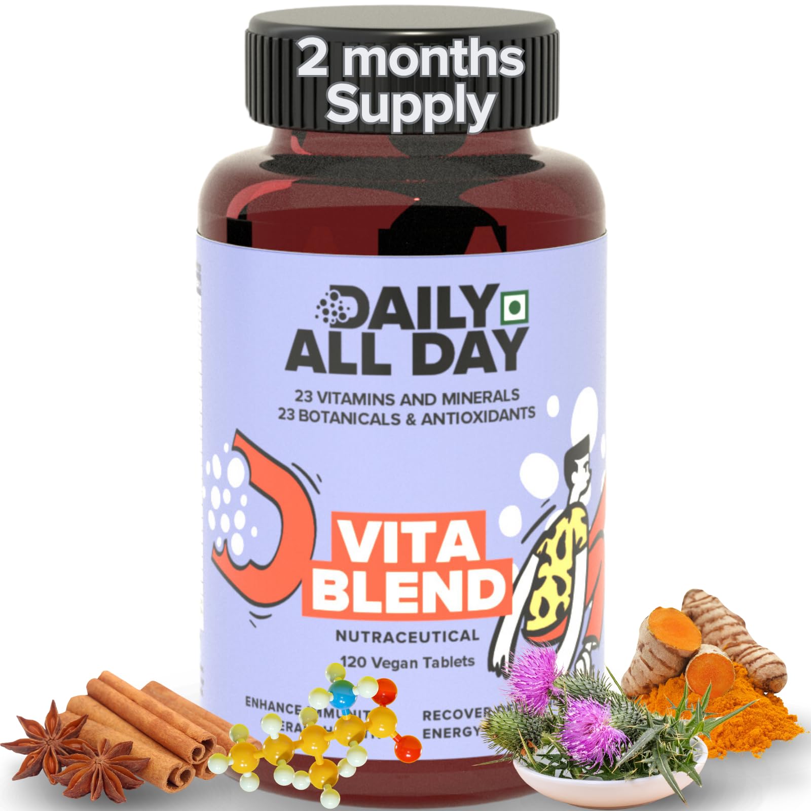 Daily All Day 120 Multivitamin Tablet for Men Women, Senior Citizens, 46 ingredient With Omega 369, B12 and D3, K2, Iron, Zinc, Biotin, Calcium, Magnesium, Ginseng, Milk thistle, Ashwagandha, Moringa