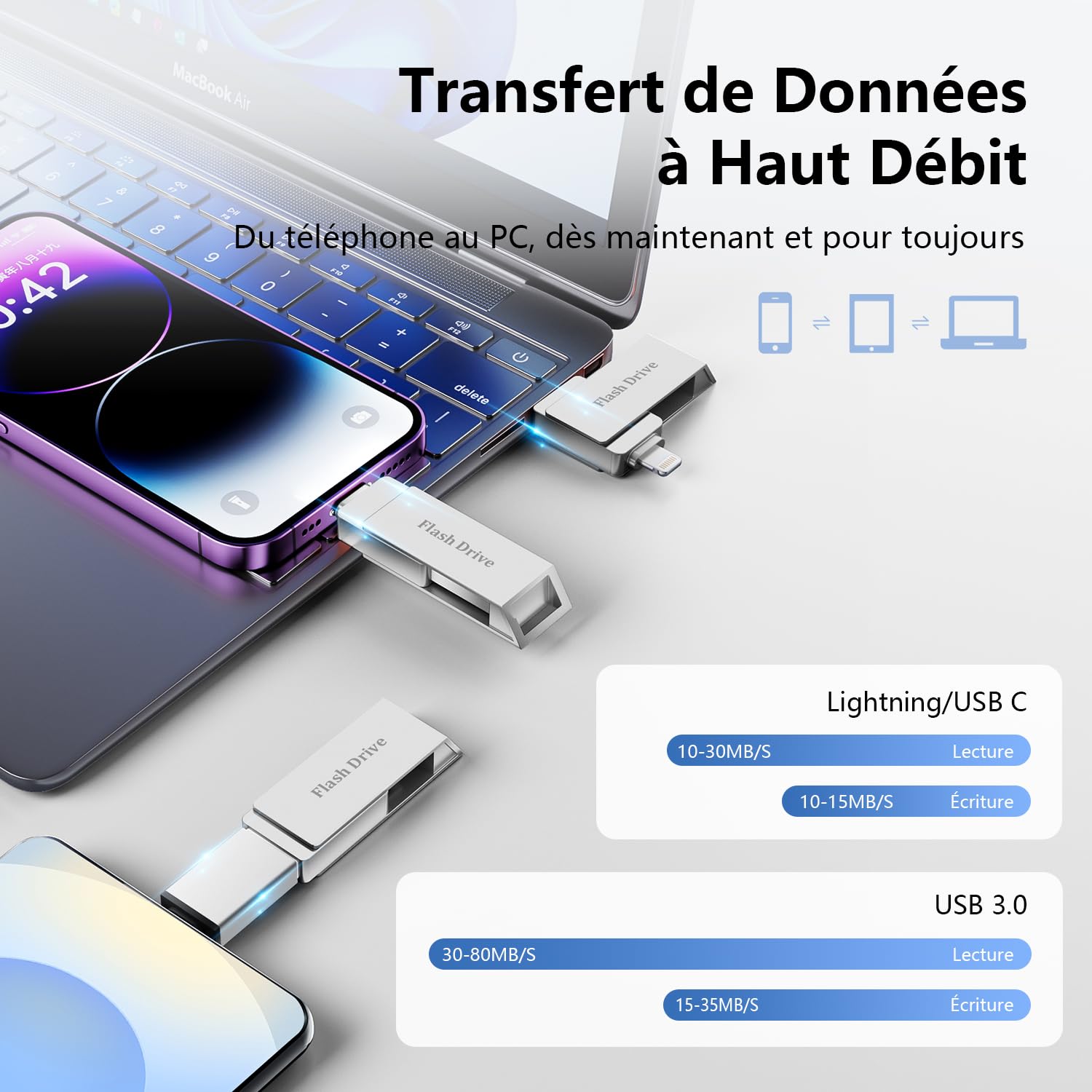 MFi Cle USB 256 Go pour iPhone, Clé USB C, Lightning,Stockage Réel | 3 en 1 Clef USB pour iPhone,iPad,Android OTG Telephone,Mac,PC,Stockage Externe Flash Drive Transfert Photos,Vidéos,Données
