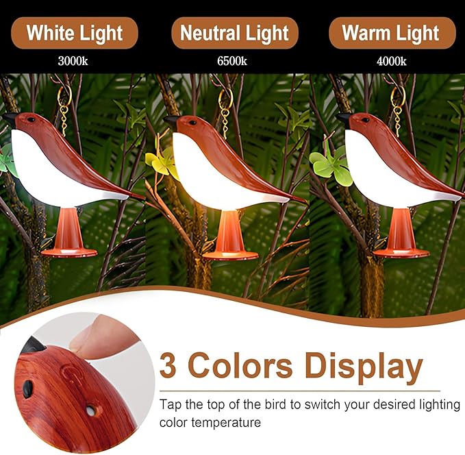 LIYAOLI LIYAOLI Bird Light with Sound, Cordless Small Touch Nightstand Lamp for Bedside, Portable Mini Touch Lamp with Remote Control, 3 Color Temperature Dimmable LED, Red Wood Grain photo 2