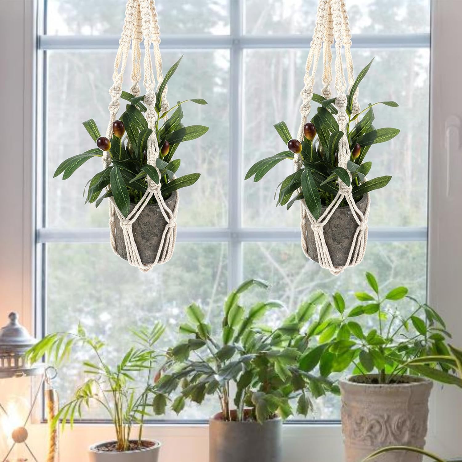 JJUNW 2pcs Macrame Plant Hanger, 21 Inch Indoor Hanging Planter with 2 Hooks Boho Long Crochet White Rope Hanging Planters for Indoor Outdoor Home Decor (Pots Not Included)