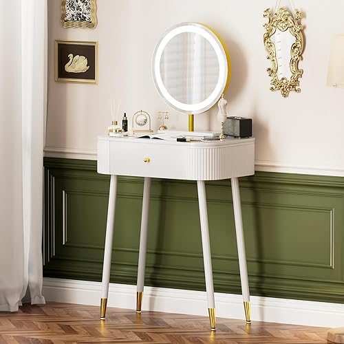 Miniatura 10 de WinZo Mesa de tocador de 24" con espejo y luces, pequeña mesa de tocador de maquillaje con 1 cajón de almacenamiento, elegante mesa de tocador con