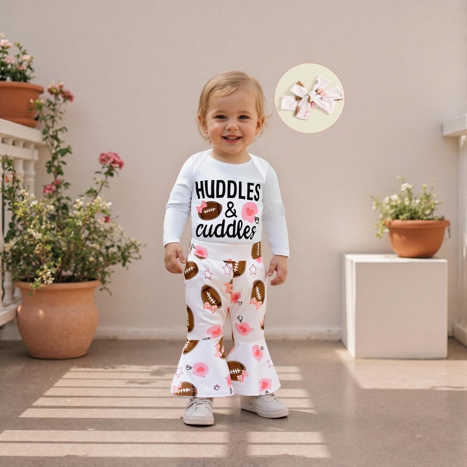 Newborn Baby Girl Football Outfit Huddles and Cuddles Long Sleeve Romper Flare Pants Headband Set 3Pcs Cute Fall Clothes - Image 2