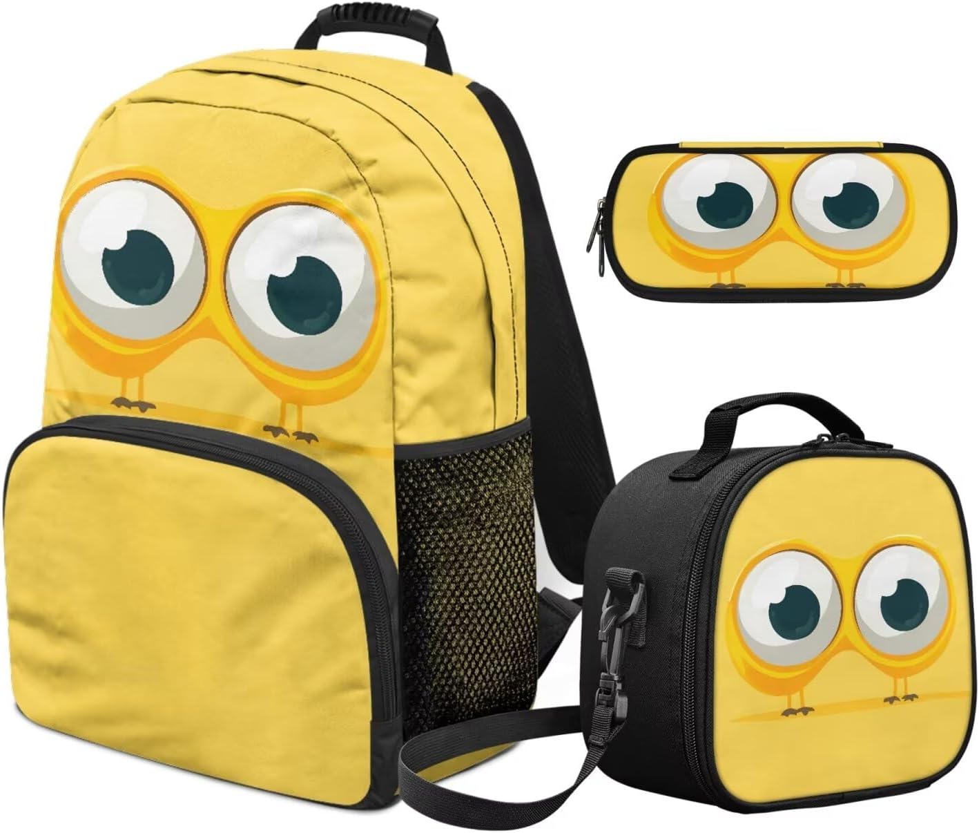 Cute Cartoon Eyes School Backpack for Girls Boys, Kids Elementary School Bookbags with Insulated Lunch Bag and Pencil Case, 3 Pcs School Bag Set Travel Backpacks Rucksack