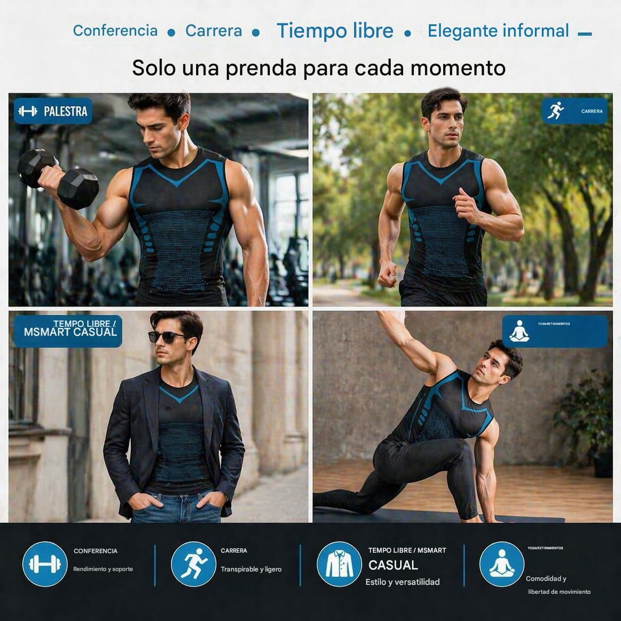 Camiseta de Efecto Vientre Plano – Camiseta de compresión para Hombre, Control Abdominal, Tejido Transpirable de Seda Helada, para Deporte y Uso Diario.