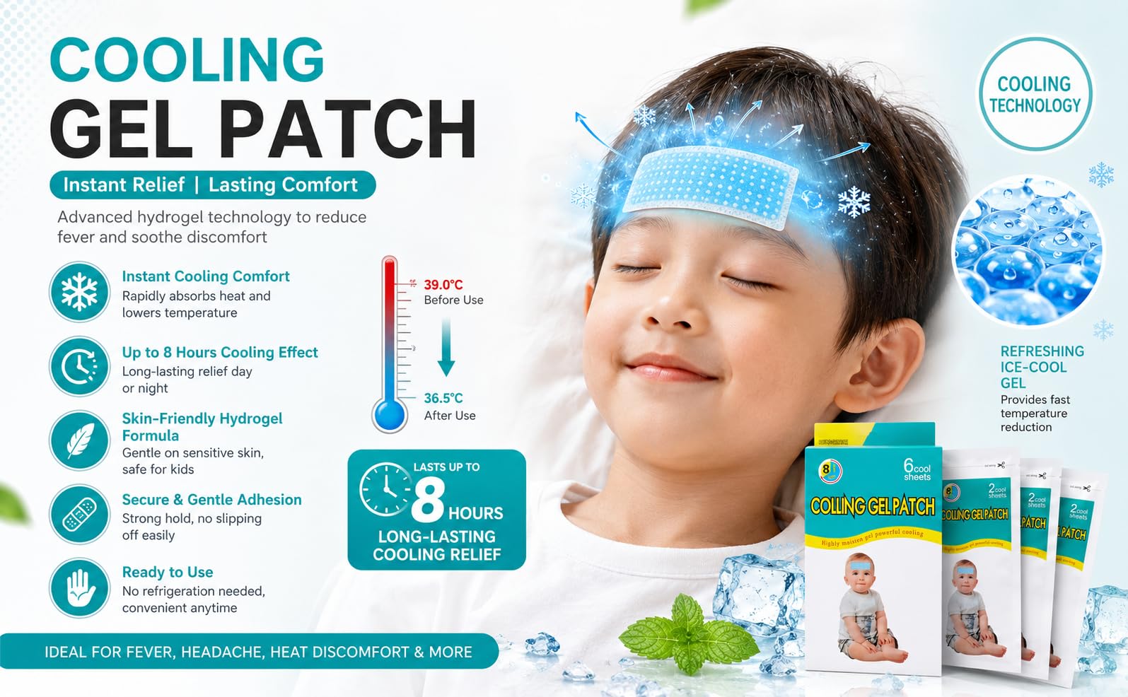Migraine Relief Cooling Strips– Instant Cooling Headache Patch for For head, Fever, Stress & Migraine Pain Relief Gentle Skin Safe Gel Pad (Cooling Patch 6 - Sheet) — Amazon image 3