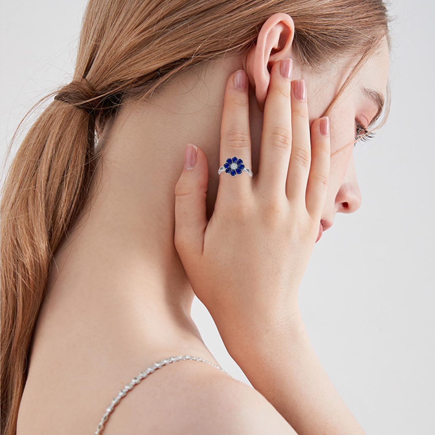 Blue Sapphire Rings for Women 925 Sterling Silver Pear Cut Sapphire Flower Ring Sapphire Jewelry Gifts for Women
