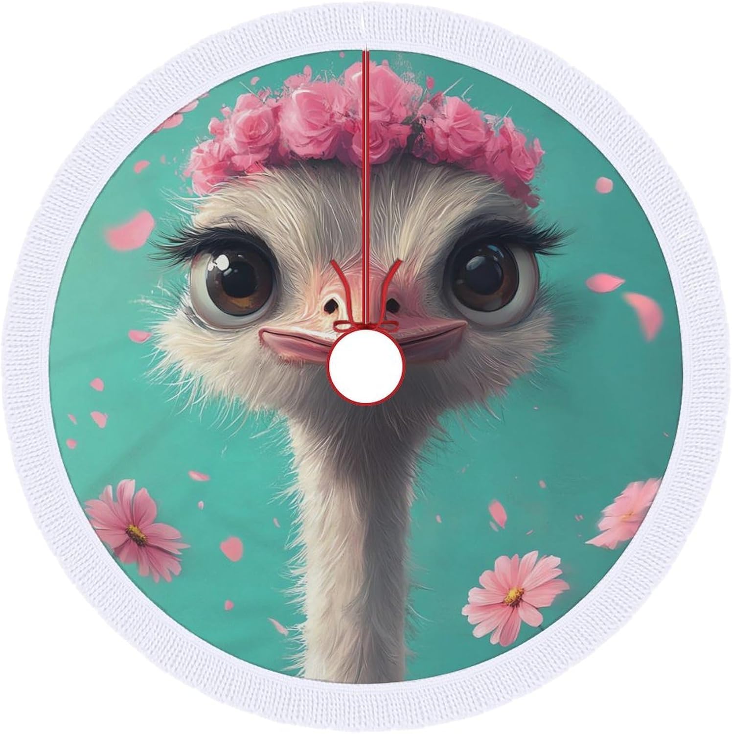 Cute Ostrich Christmas Tree Skirt Round Xmas Tree Mat Ornaments Tree Skirts with Tassels for Holiday Party