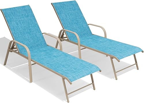 Crestlive Products Silla de Tumbona de Exterior con Respaldo, Juego de Sillas de Piscina de 2, Tumbona de Bronceado Ajustable de Aluminio con 5