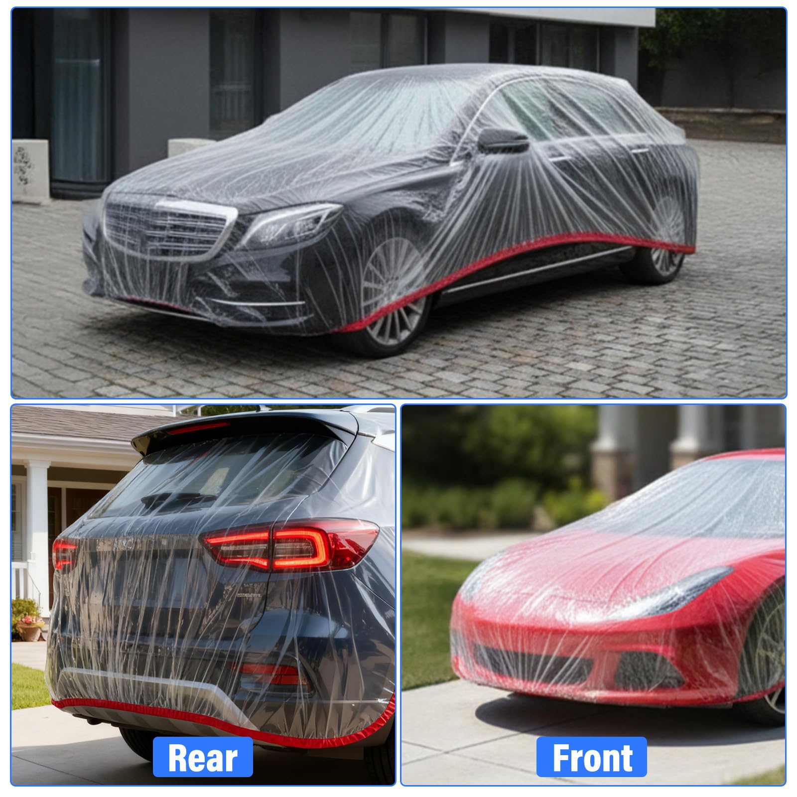 4 Pack Disposable Car Cover Clear Plastic Car Cover Universal Rain Dust Garage Covers with Elastic Band Medium — view 7