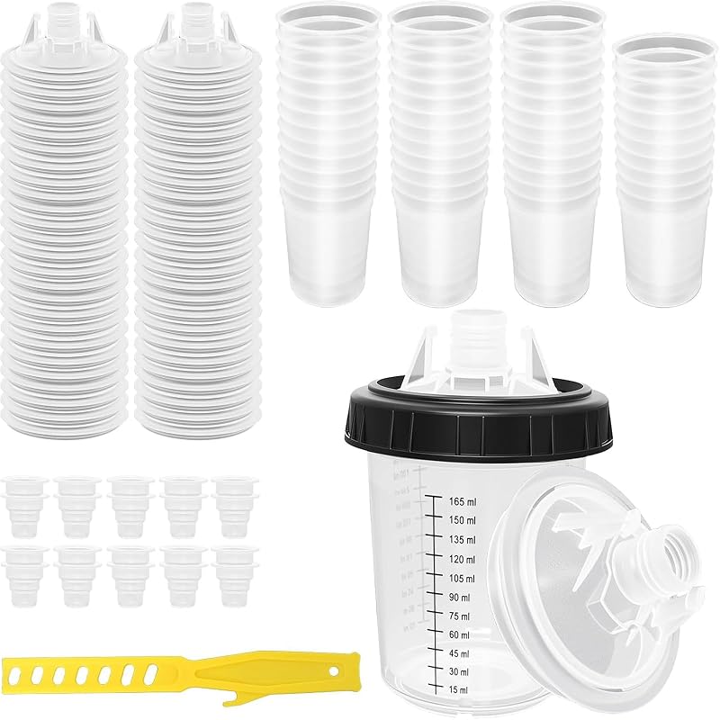 Sistema de Copos Descartáveis para Pistola de Pintura Qopaw 180 mL com Tampas Filtrantes e Copo Rígido, Kit com 50 Copos Internos