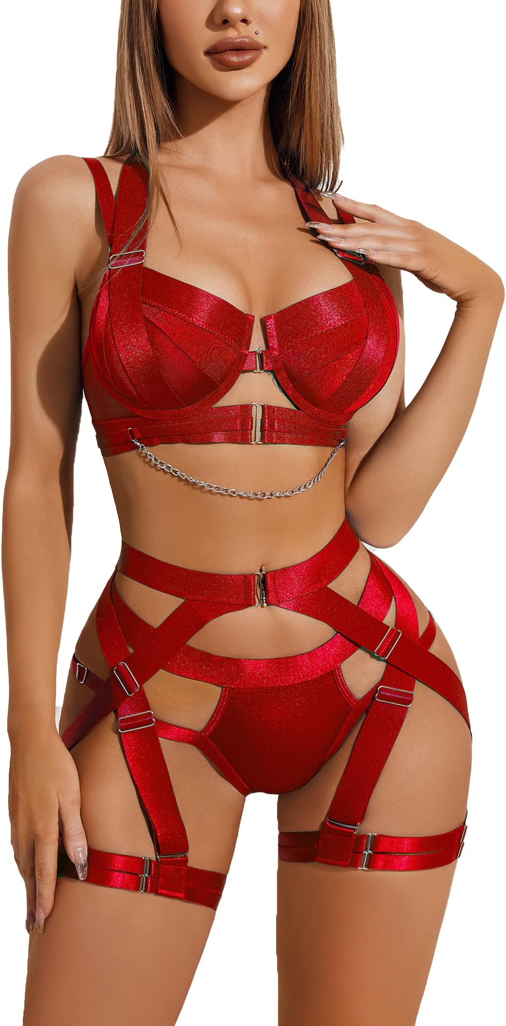 Lingerie Set for Women Sexy Strappy Lingerie Underwire Push Up Bra Garter Set Lingerie with Chain