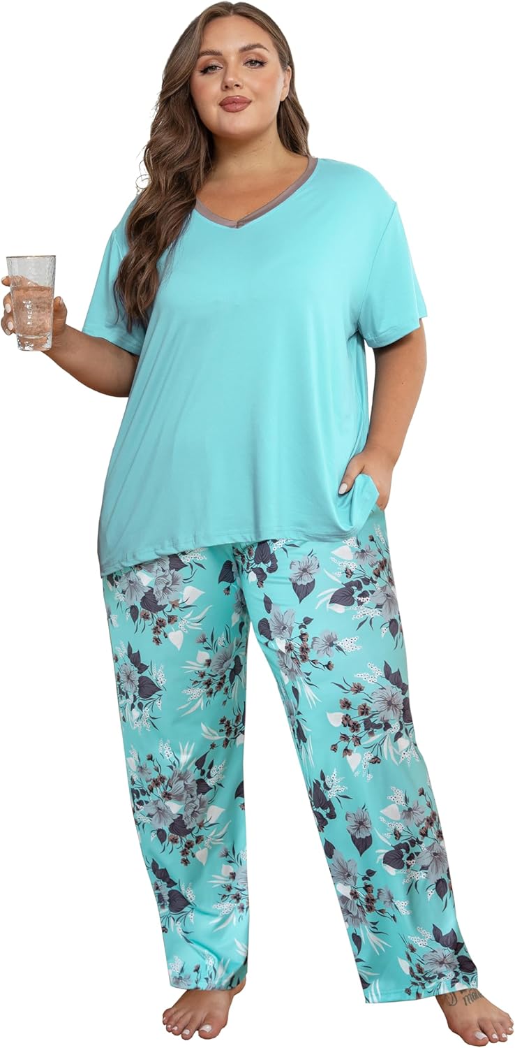 Vozanet Women's Pajama Sets Short Sleeve with Long Pant Soft Sleepwear Printed pj Loungewear With TWO Pockets Size 1X to 5X