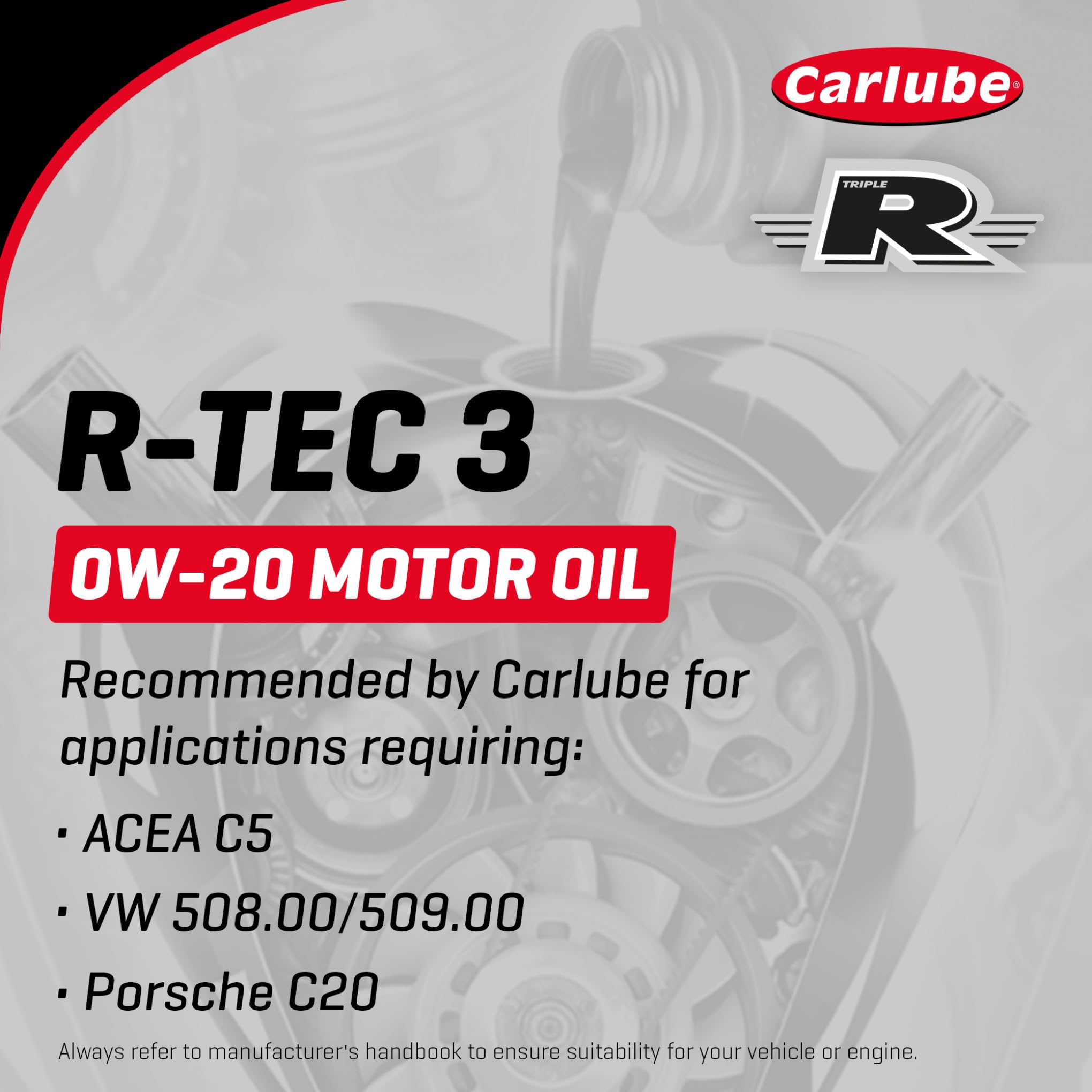Carlube Triple R 0W-20 ACEA C5 VW Olio Motore Completamente Sintetico R-TEC 3 5L per Porsche e Volkswagen