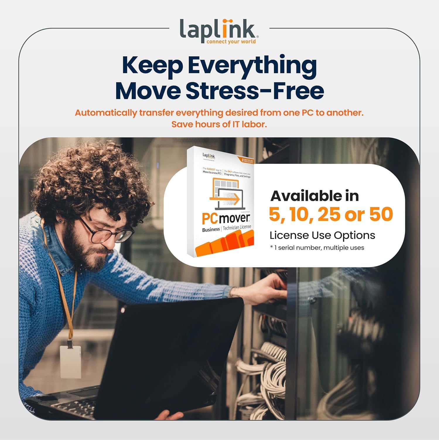 Laplink PCmover Business Technician - Software de migración de PC a PC - Tarifa de licencia inicial - Facturación mensual por uso - £13,95/licencia - Licencia de 50 usos