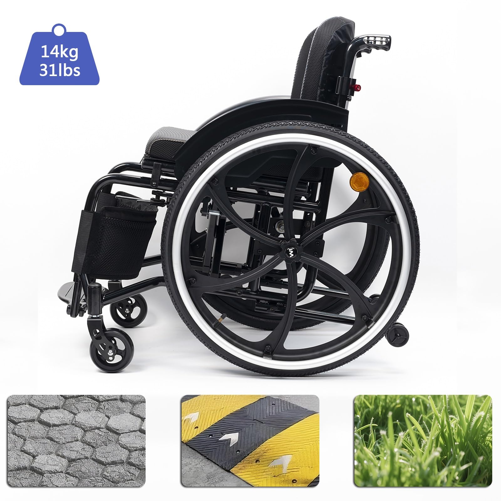Sedia a rotelle sportiva for tutti i terreni, sedia a rotelle manuale semovente, pieghevole, portatile, lega di alluminio, nero, stile moderno, capacità di carico di 220 libbre(42cm/16.5in)