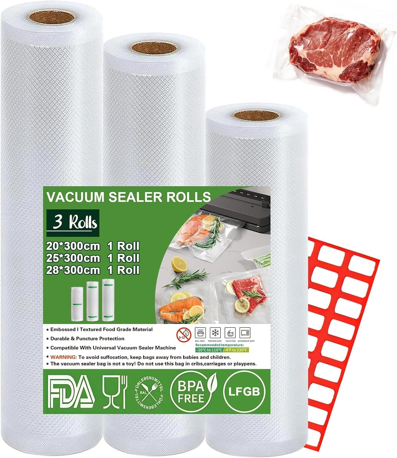 Vacuum Sealer Film, 3 Rolls Vacuum Bags, Vacuum Bags Food 28/25/20 cm x 300 cm, BPA-Free, Tear-Resistant, 190 µm, Vacuum Rolls for Vacuum Sealers, Microwaves and Sous Vide