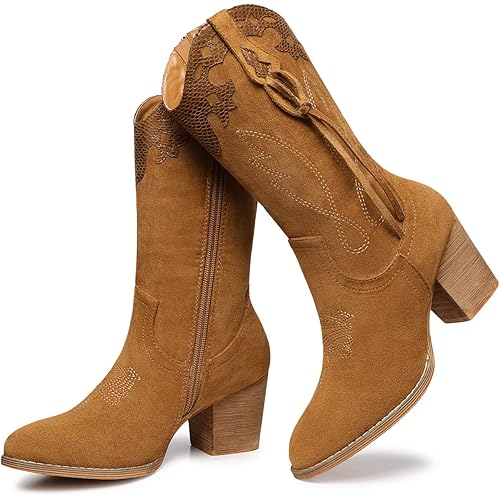 SHIBEVER Women Western Cowboy Cowgirl Boots Embroidered Round Toe Cowboy Boot for Women