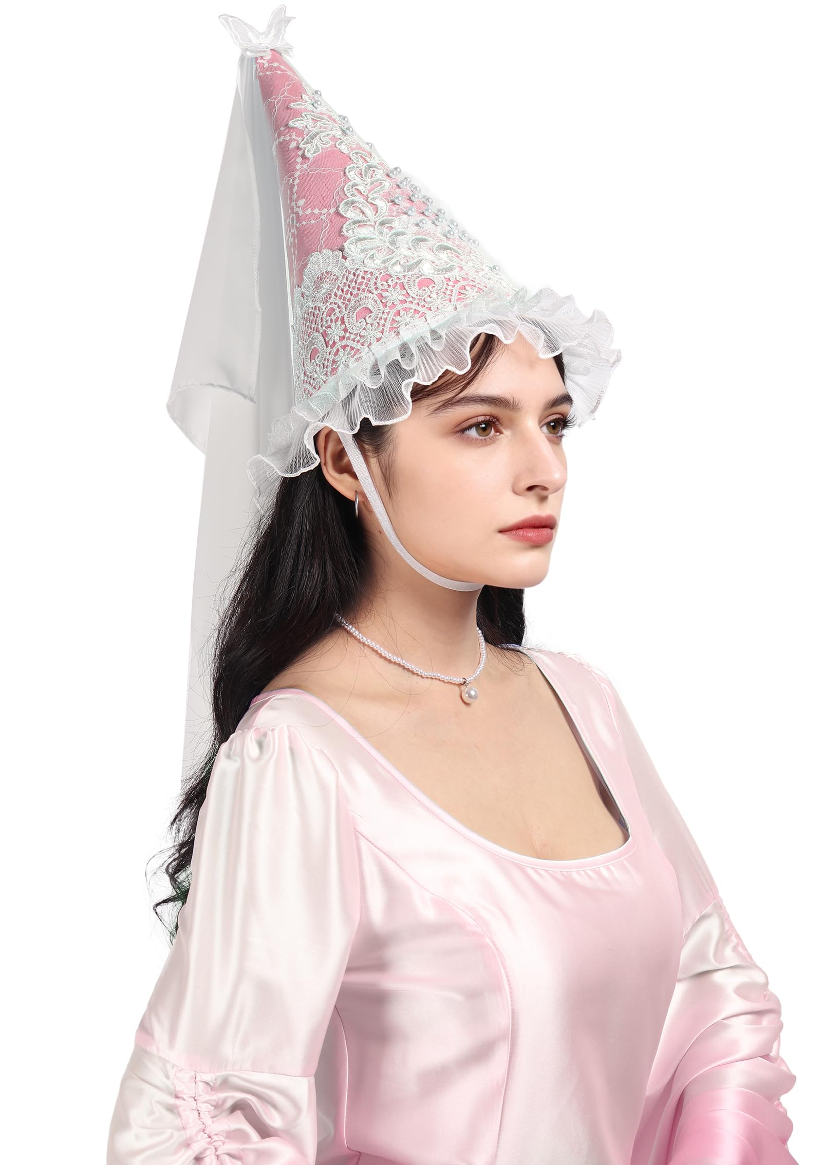 Koalswm Medieval Cone Hat with Veil Renaissance Hennin Headdress Halloween LARP Costume Accessories for Women, Pink, Large