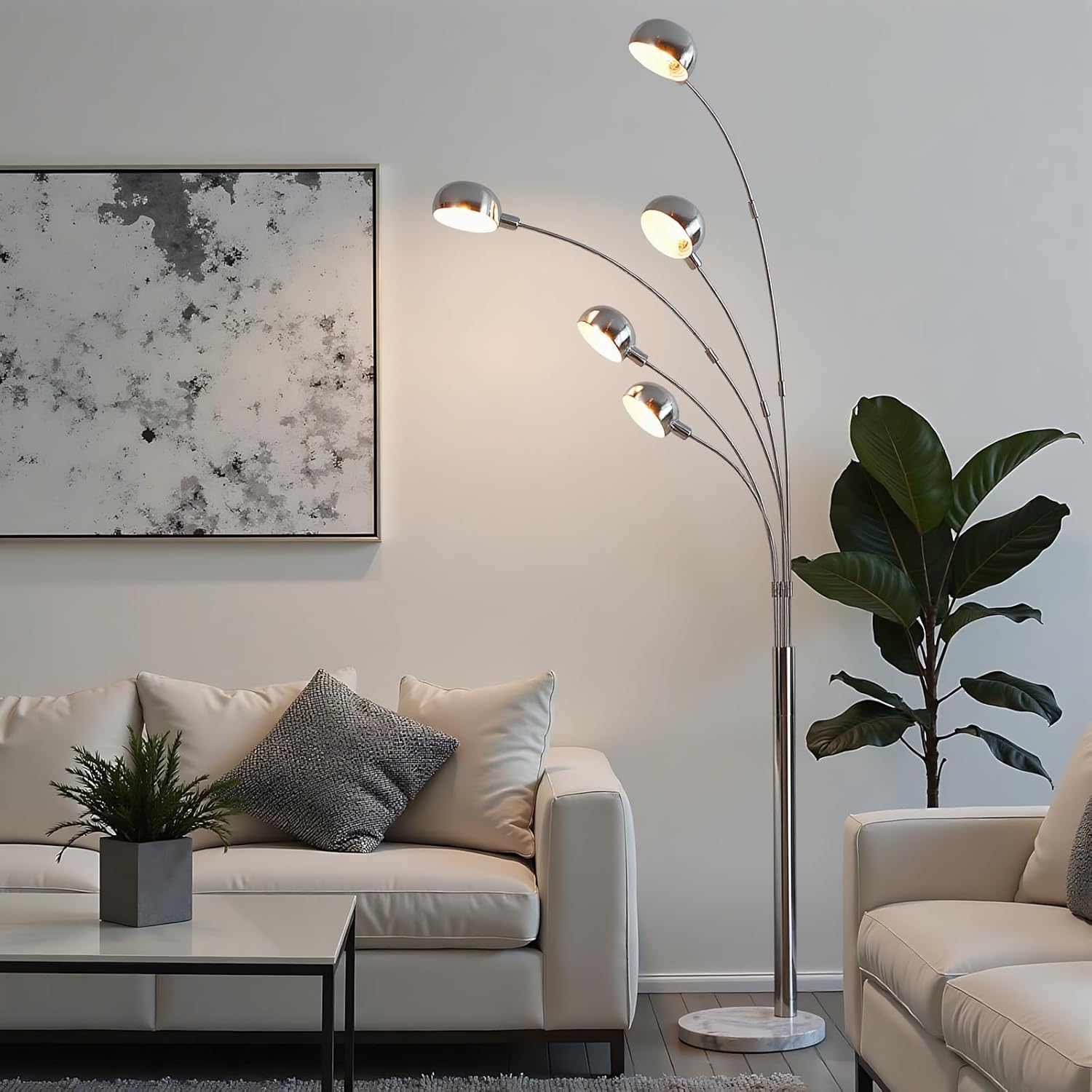78" Tall Arc Floor Lamp With 5 Adjustable Arm,White Baked Lined Metal Shade And Marble Base,Sand Nickel Lamp Body,E12 Sockets,Foot Switch,Contemporary Standing Lamp For Living Room(Bulbs Not Included)