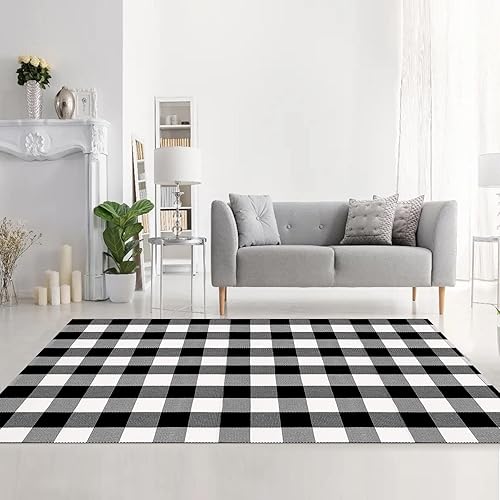 Miniatura 4 de MUBIN - Alfombra de algodón de lana cuadriculada, 4 x 6 pies, color negro y blanco, alfombra decorativa a cuadros para poner al aire libre en la