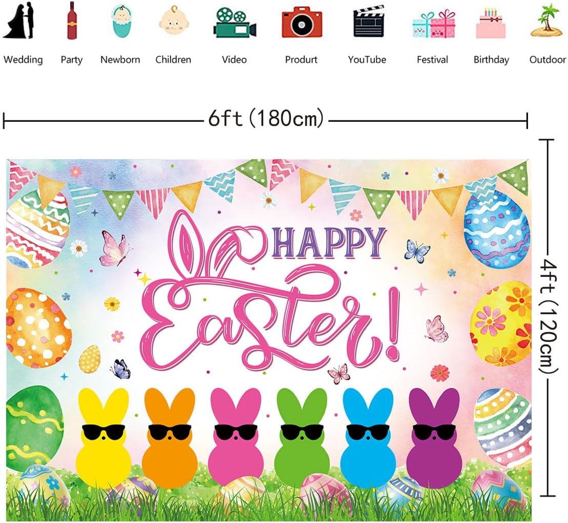 Happy Easter Banner Backdrop 6x4FT Spring Colorful Eggs Bunny Peeps Photography Background Easter Peeps Party Decorations Supplies Photo Props