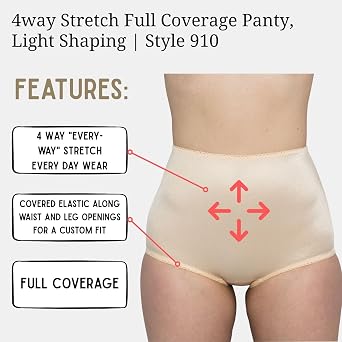 Style 910 | 4-Way Stretch Full Coverage Panty | Light Shaping | No-Show Design | Cotton Lined | Size SM - 10X | USA Made