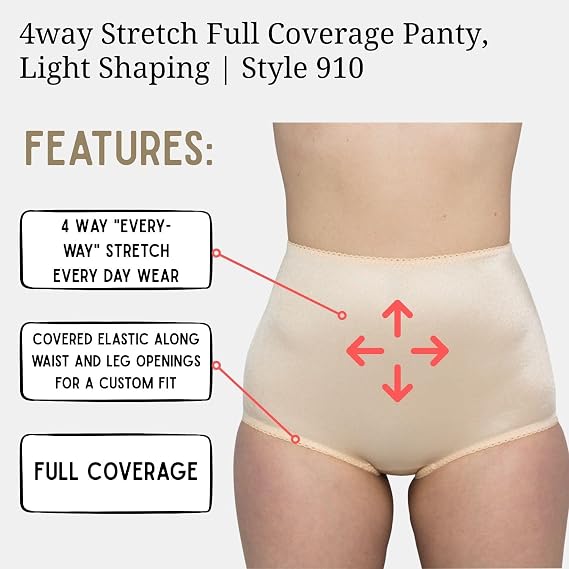 Style 910 | 4-Way Stretch Full Coverage Panty | Light Shaping | No-Show Design | Cotton Lined | Size SM - 10X | USA Made