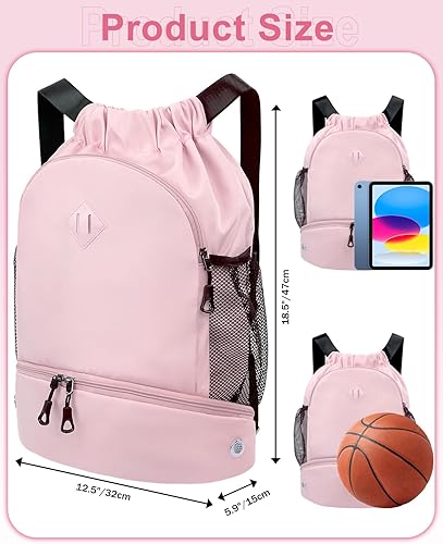 Miniatura 3 de Mochila de gimnasio con cordón y compartimento para zapatos para hombres y mujeres, bolsa deportiva de cuerda con bolsillo húmedo, bolsa de playa,