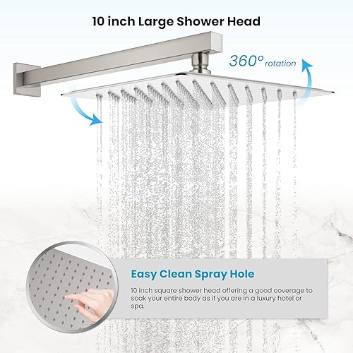 Miniatura 9 de gotonovo Juego de grifo de ducha mezclador de lluvia de níquel cepillado con boquilla de cascada, cabezal de ducha cuadrado de 10 pulgadas con