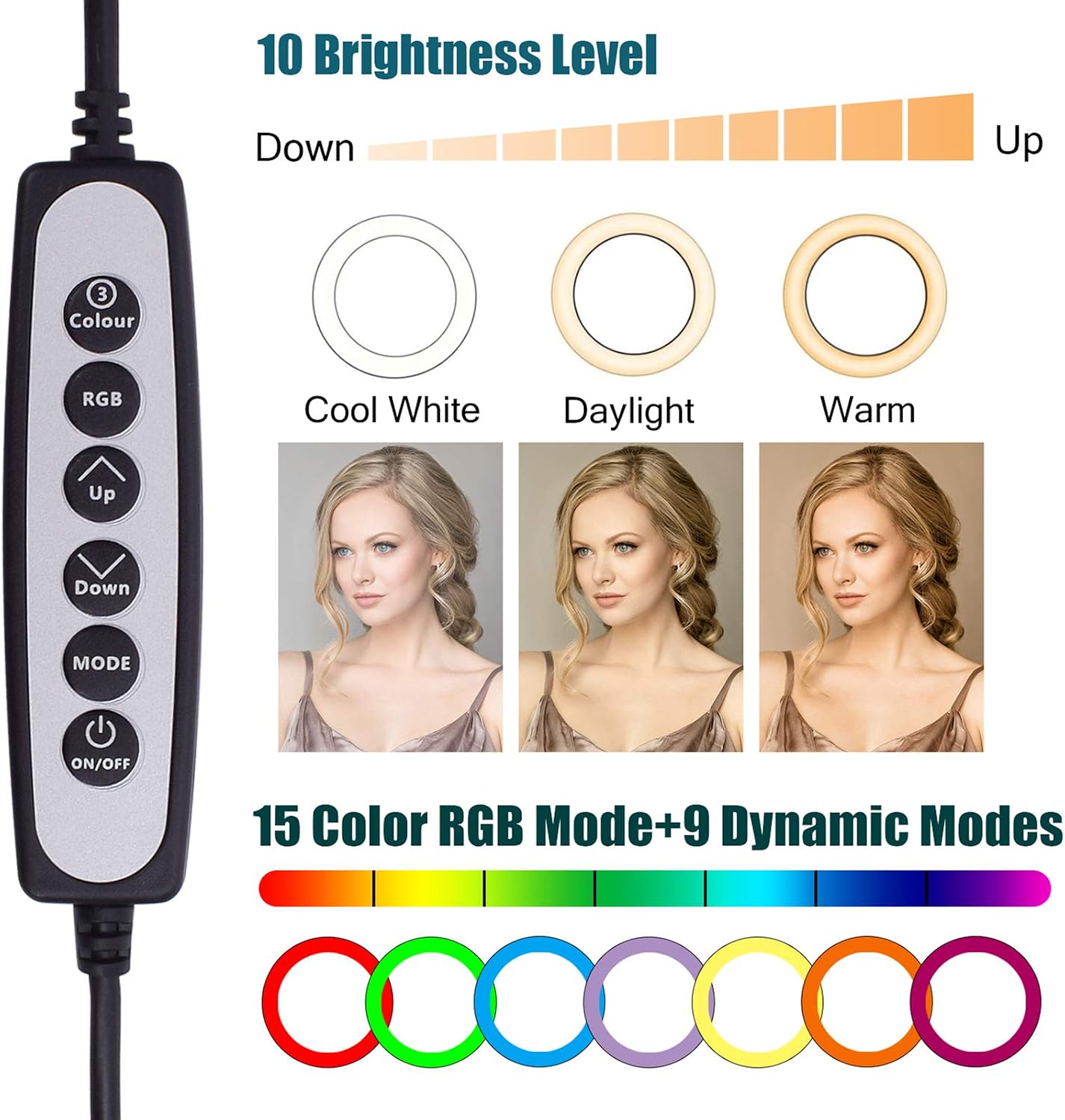 10“ RGB Ring Light Double-Side with Rotatable and Detachable Makeup Mirror,1X 2X Magnification Selfie Ring Light with Two Tripod Stand and Phone Holder for Photography/Makeup/Vlogging/Live Streaming