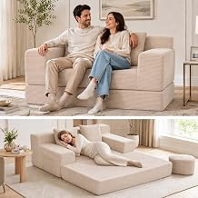 Upgraded53 Boneless Couch Bed for Small Spaces Corduroy Cloud Pull Out Sofa Bed,3-in-1 Convertible Folding Futon Loveseat Sleeper w/ Pillows for Apartment Dorm RV Office,No Assembly Sofas Beige