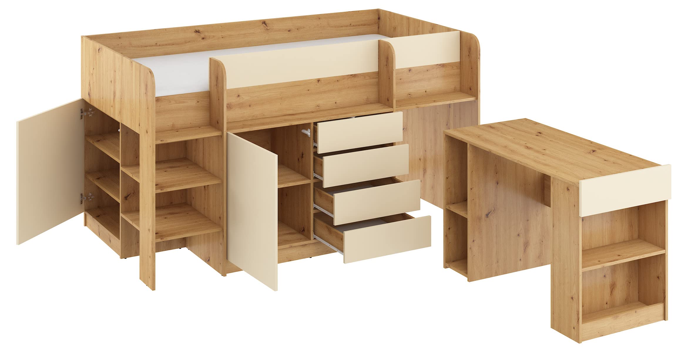 BIM Furniture Lit superposé Smile L - Meubles pour enfant - Ensemble de meubles pour une chambre d'enfant - Un lit avec bureau, étagères, tiroirs : côté gauche (chêne artisanal/crème)