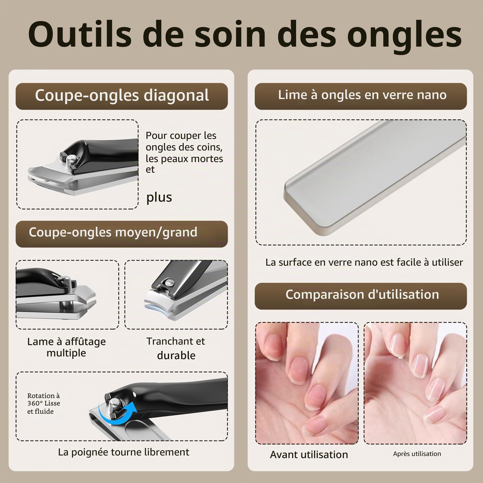 Ensemble coupe-ongles Pince à épiler Ciseaux Manucure Kit de toilettage 9 en 1 avec étui en cuir à fermeture éclair