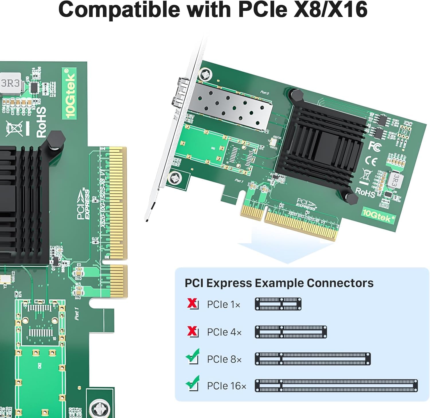 10Gtek Single SFP+ Port 10GbE NIC Network Card, 82599EN Chip, PCI-E x8, Compatible with Windows Server 2003/2008/ 2012, Windows7/8/10*/Visa, Linux, ESX/ESXi*