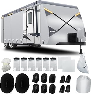 RV Cover 27-30FT Travel Trailer and Camper Covers,Durable Tearproof Oxford Polyester Fabric for Waterproof,Cold and UV Resistant,Air Vent,Side Zipper,Reflective Strip,Windproof Buckles