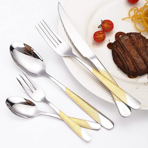 Miniatura 91 de A·HOUSEWARE - Juego de cubiertos iridiscentes con diseño hueco, 20 piezas, acero inoxidable, incluye tenedores, cucharas, cuchillos, utensilios