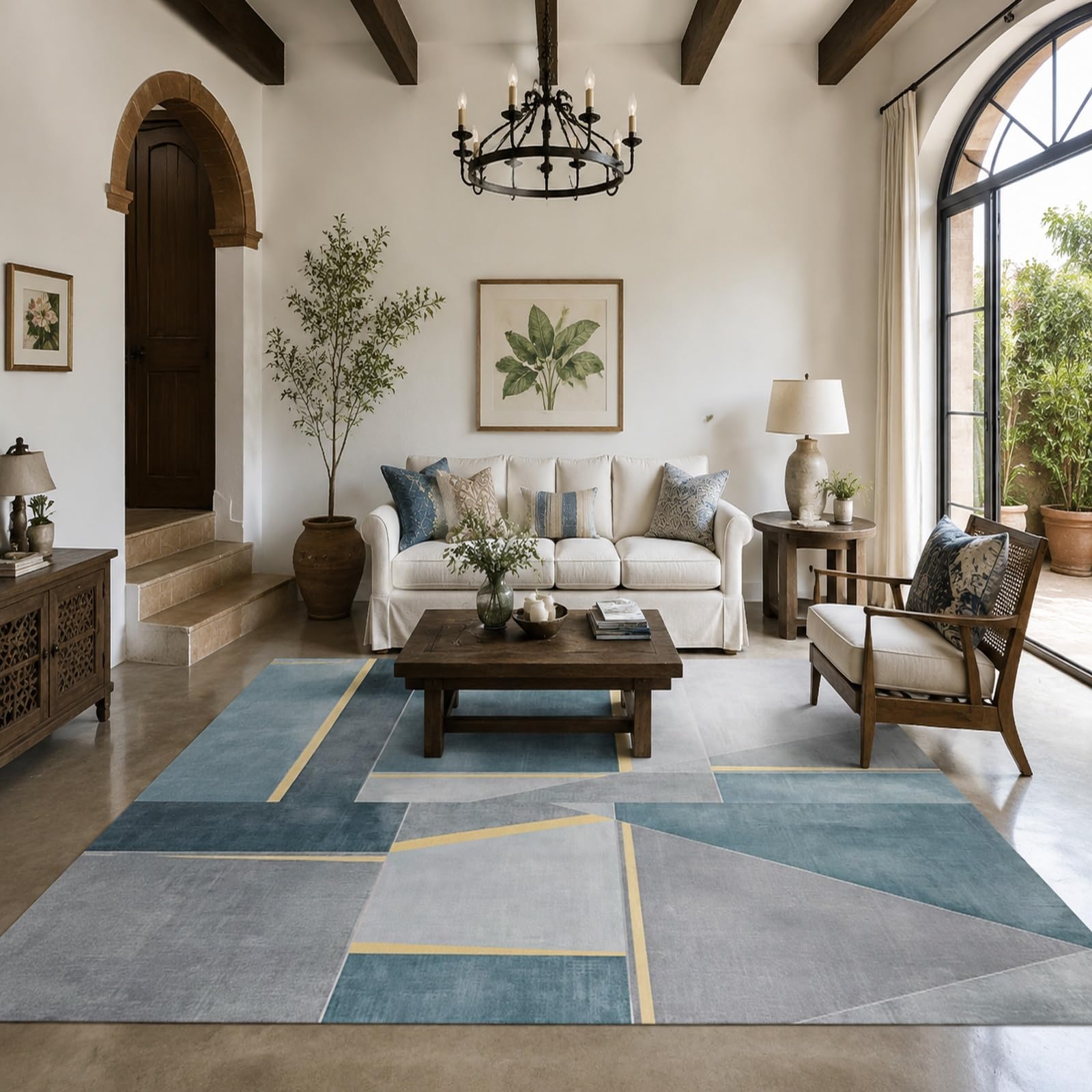 Tappeto Grande Salotto, 200 x 200 cm, Geometrico moderno Blu Grigio Giallo, Antiscivolo Tappeti zona Casa e cucina Sala da Pranzo Decorazioni interni,