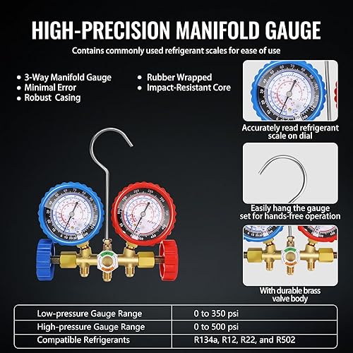 Miniatura 6 de Juego de bomba de vacío de CA de 4.5 CFM y calibrador, para mini split, HVAC, sistemas automáticos, kit de manómetro compatible con R134a R12 R22