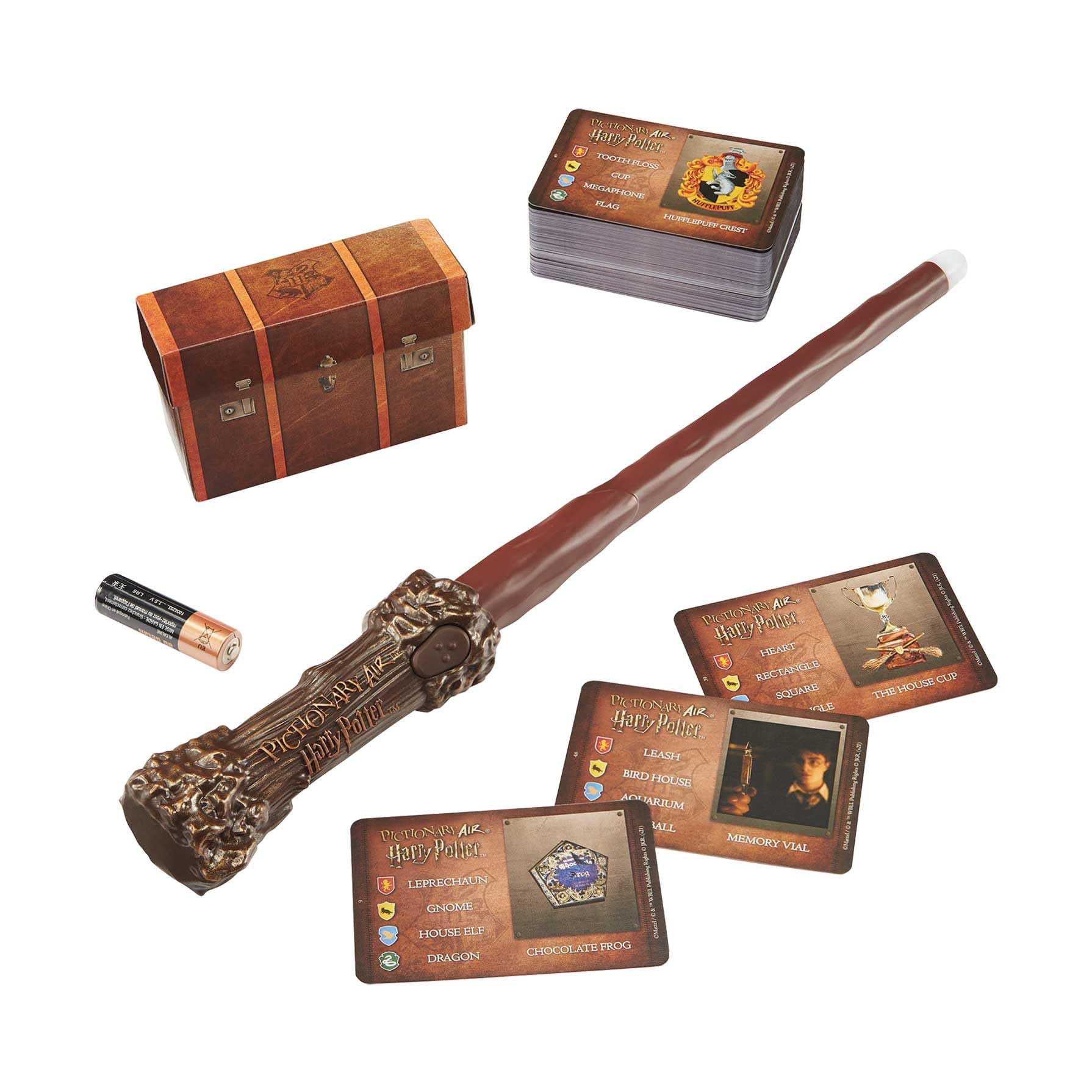 Mattel Games PICTIONARY AIR HARRY POTTER Jeu de dessin familial, stylo baguette, 112 cartes d'indices double face, porte-cartes, emballage collecteur, pour enfants de 8 ans et plus, version