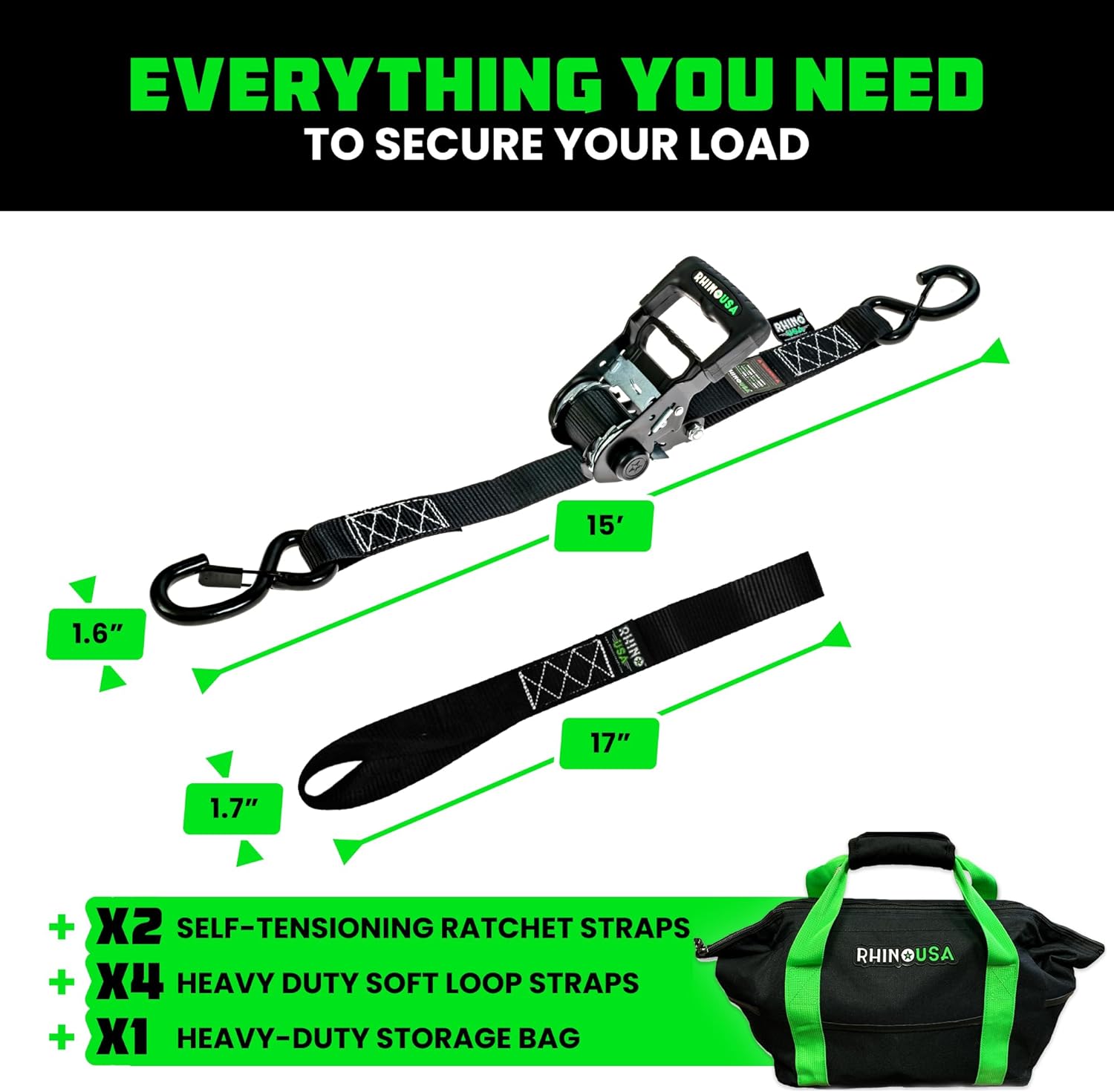 1.6" Self-Adjusting Ratchet Straps by Rhino USA