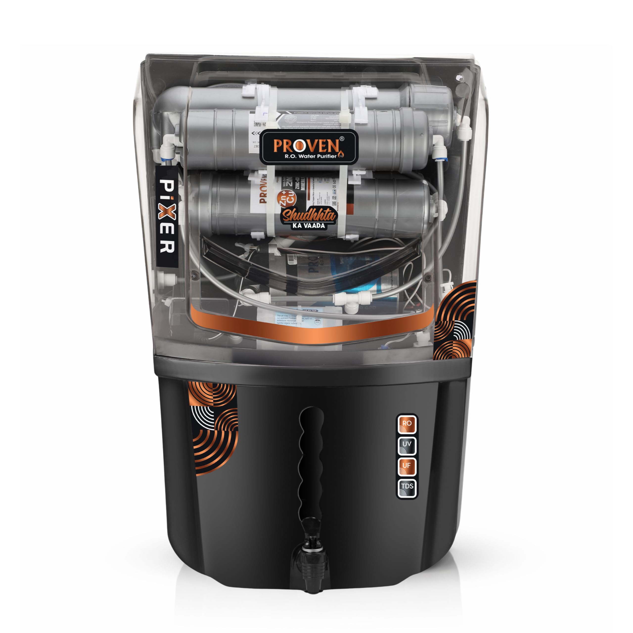 Proven Pixer Water Purifier – RO + UV + UF with Copper Zinc Alkaline Technology, TDS Adjuster, 12L Storage Tank, Sleek Black, Made in India, ISI | 12 Stage Purification | 1 Year Warranty