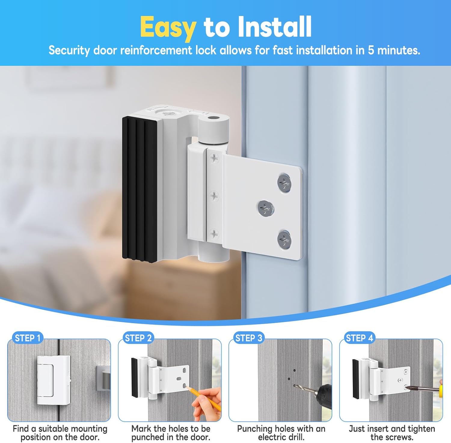 Upgraded Aluminum Alloy Door Reinforcement Lock - Home Security Flip Deadbolt Door Latch with Screws - Withstands 800 lbs, Fits Inward Swinging Apartment, Bedroom (White-2 Pcs)